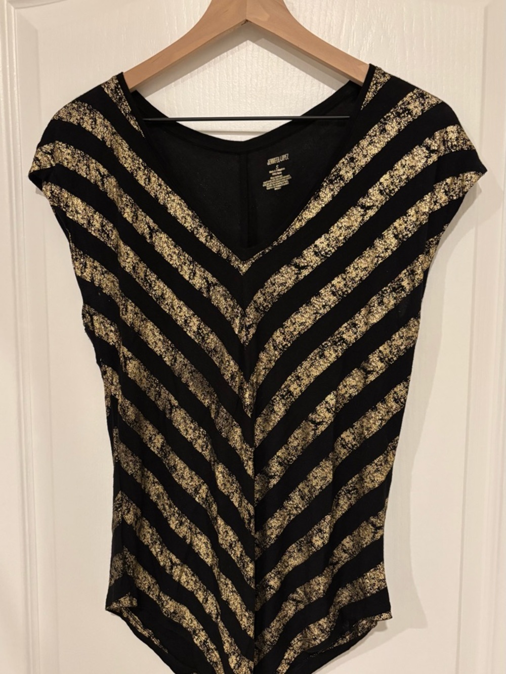 Jennifer Lopez Black V-Neck Top with Gold Metallic Stripes